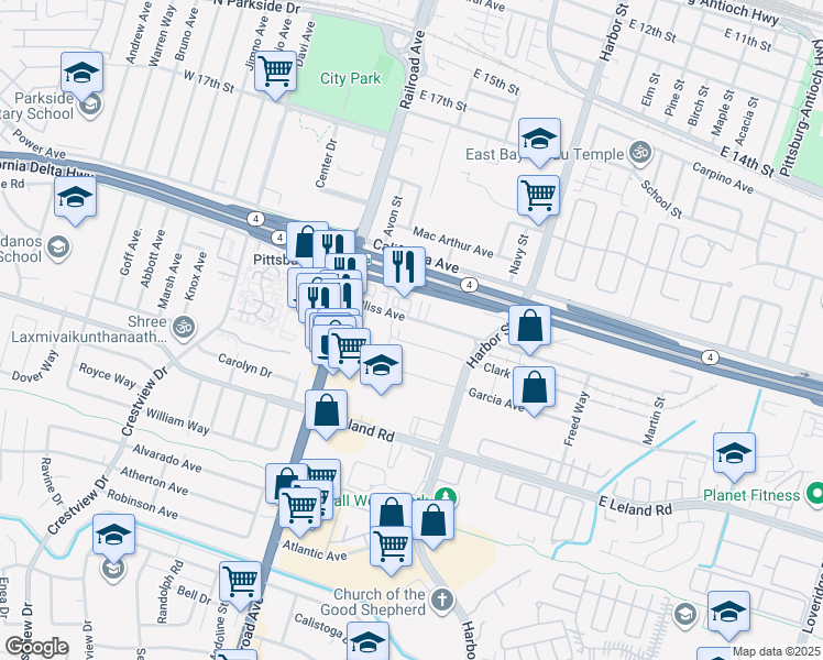 map of restaurants, bars, coffee shops, grocery stores, and more near 2148 Harbor Street in Pittsburg
