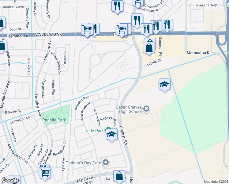 map of restaurants, bars, coffee shops, grocery stores, and more near 5935 Rayanna Drive in Stockton
