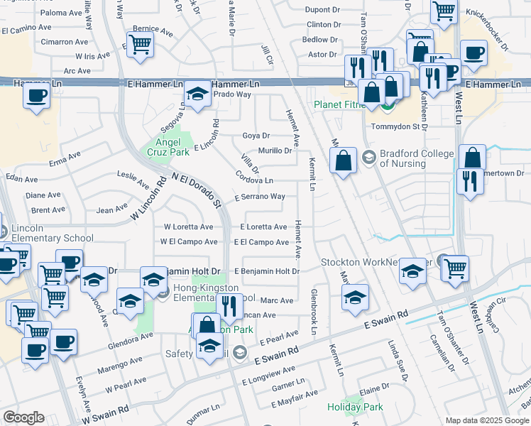 map of restaurants, bars, coffee shops, grocery stores, and more near 308 Vincente Way in Stockton