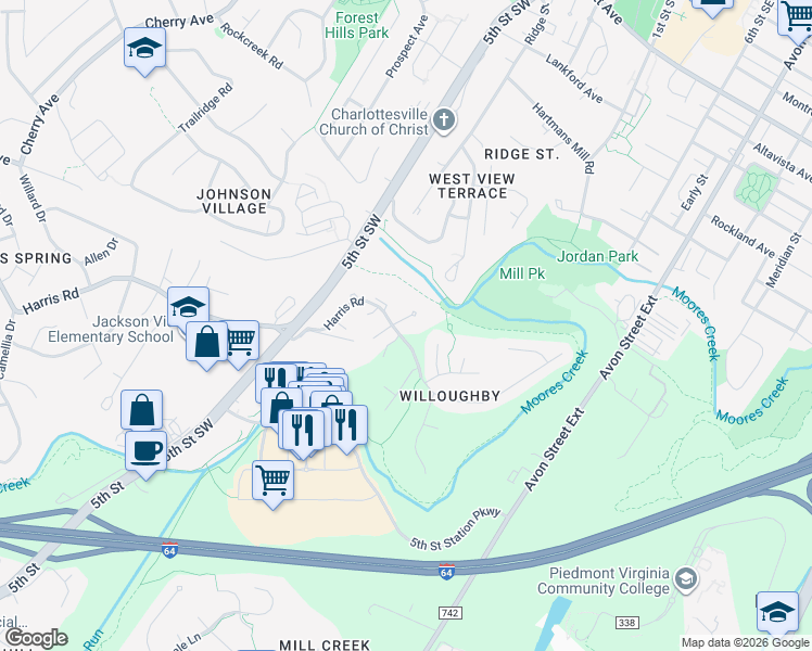 map of restaurants, bars, coffee shops, grocery stores, and more near 106 Lide Place in Charlottesville
