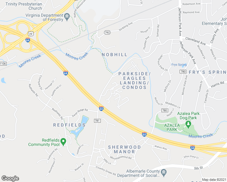 map of restaurants, bars, coffee shops, grocery stores, and more near 1215 Silverbell Terrace in Charlottesville
