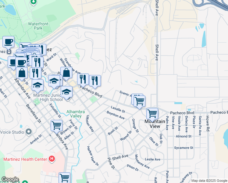map of restaurants, bars, coffee shops, grocery stores, and more near 1461 Ash Street in Martinez