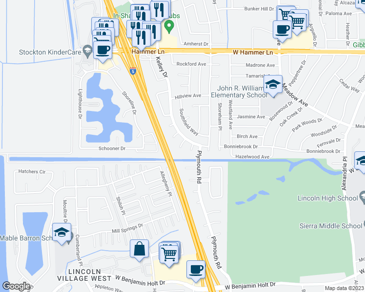 map of restaurants, bars, coffee shops, grocery stores, and more near 3114 Kelley Court in Stockton