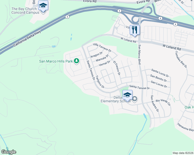 map of restaurants, bars, coffee shops, grocery stores, and more near 2605 Tampico Drive in Pittsburg
