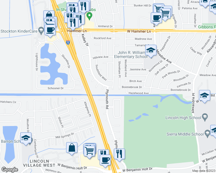 map of restaurants, bars, coffee shops, grocery stores, and more near Kelley Dr & Plymouth Rd in Stockton