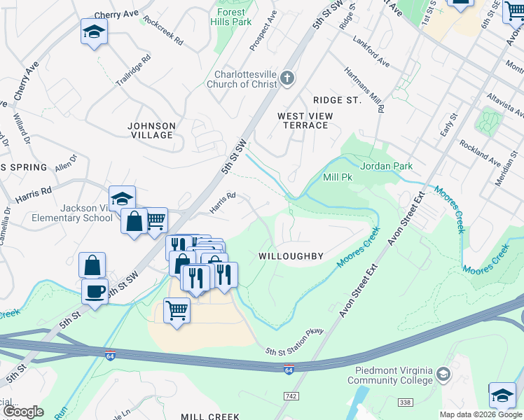 map of restaurants, bars, coffee shops, grocery stores, and more near 106 Lide Place in Charlottesville