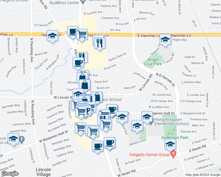 map of restaurants, bars, coffee shops, grocery stores, and more near 604 Brent Avenue in Stockton