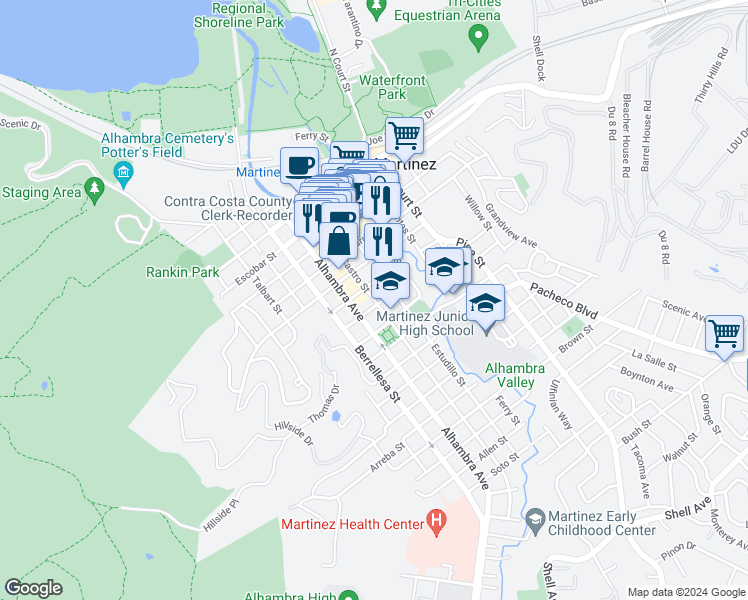 map of restaurants, bars, coffee shops, grocery stores, and more near 1026 Castro Street in Martinez
