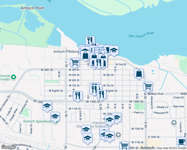 map of restaurants, bars, coffee shops, grocery stores, and more near 500 H Street in Antioch
