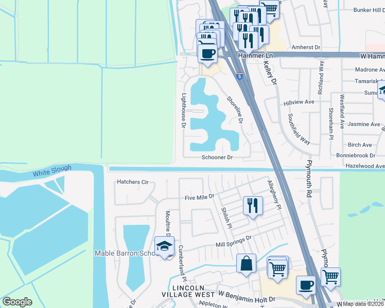 map of restaurants, bars, coffee shops, grocery stores, and more near 3605 Schooner Drive in Stockton
