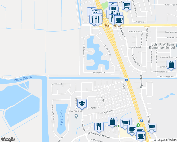 map of restaurants, bars, coffee shops, grocery stores, and more near 3605 Schooner Drive in Stockton