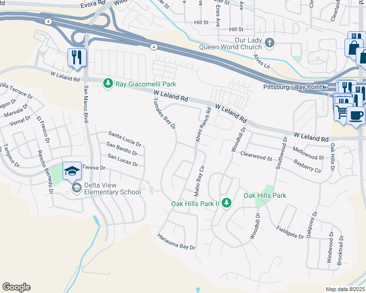 map of restaurants, bars, coffee shops, grocery stores, and more near 2210 Botany Bay Drive in Pittsburg