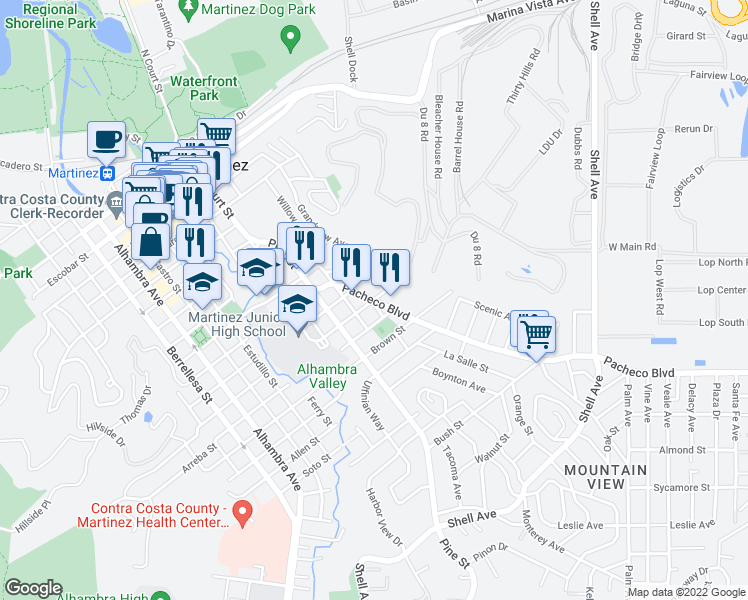 map of restaurants, bars, coffee shops, grocery stores, and more near Pacheco Blvd & Warren St in Martinez