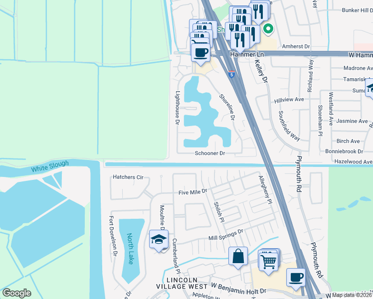 map of restaurants, bars, coffee shops, grocery stores, and more near 3605 Schooner Drive in Stockton