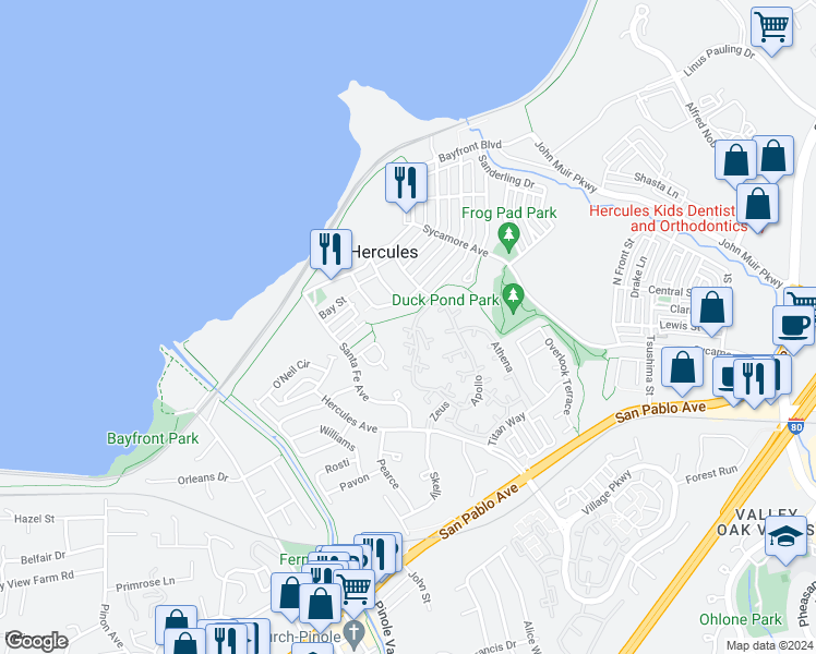 map of restaurants, bars, coffee shops, grocery stores, and more near 211 Apollo in Hercules