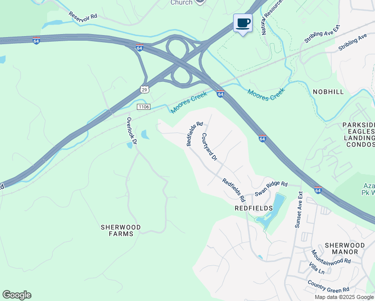 map of restaurants, bars, coffee shops, grocery stores, and more near 1207 Redfields Road in Charlottesville