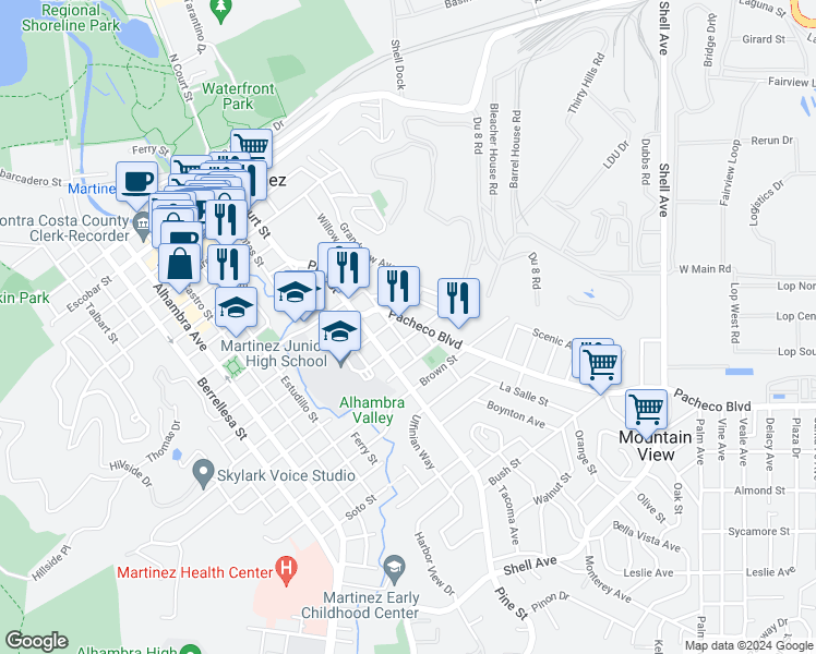 map of restaurants, bars, coffee shops, grocery stores, and more near 1524 Pacheco Boulevard in Martinez