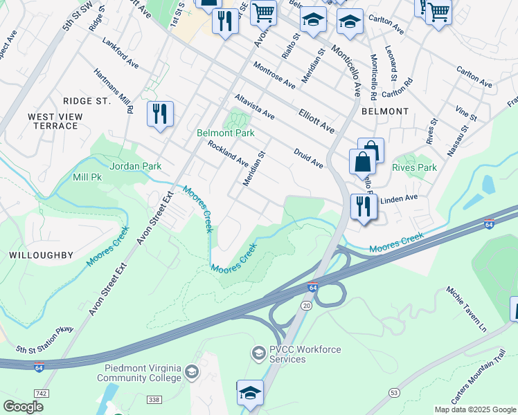 map of restaurants, bars, coffee shops, grocery stores, and more near 917 Rougemont Avenue in Charlottesville