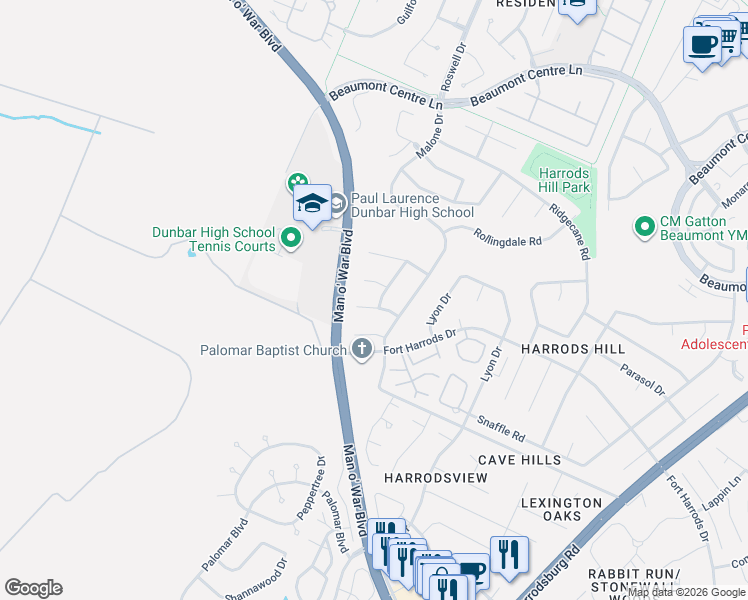 map of restaurants, bars, coffee shops, grocery stores, and more near 2220 Wilmington Lane in Lexington