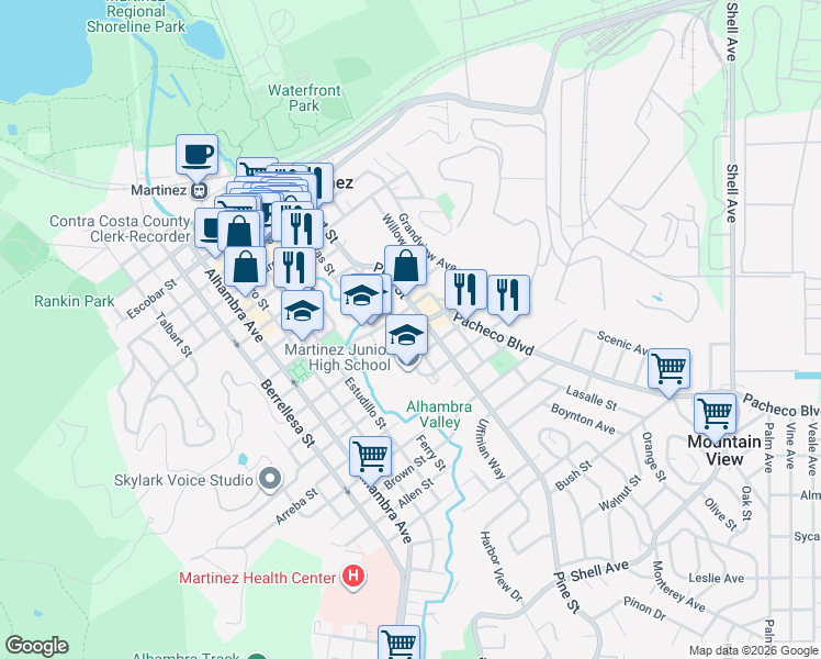 map of restaurants, bars, coffee shops, grocery stores, and more near 1331 Court Street in Martinez