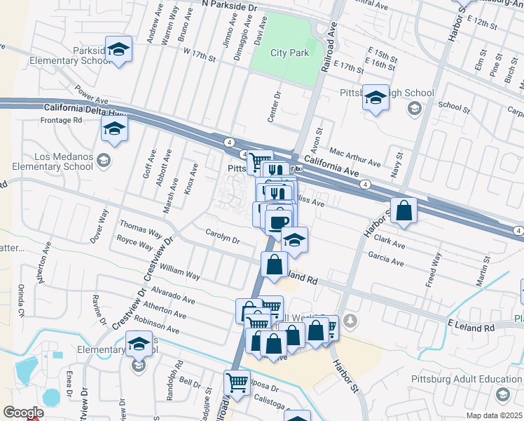 map of restaurants, bars, coffee shops, grocery stores, and more near 2136 Railroad Avenue in Pittsburg
