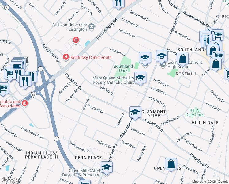 map of restaurants, bars, coffee shops, grocery stores, and more near 605 Wichita Drive in Lexington
