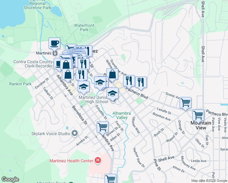 map of restaurants, bars, coffee shops, grocery stores, and more near 1331 Court Street in Martinez