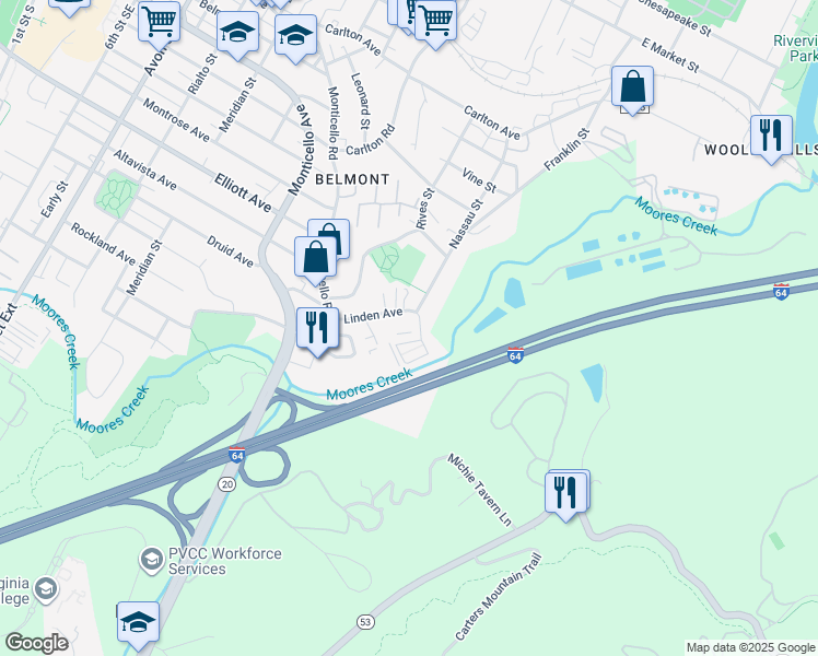 map of restaurants, bars, coffee shops, grocery stores, and more near 1013 Linden Avenue in Charlottesville