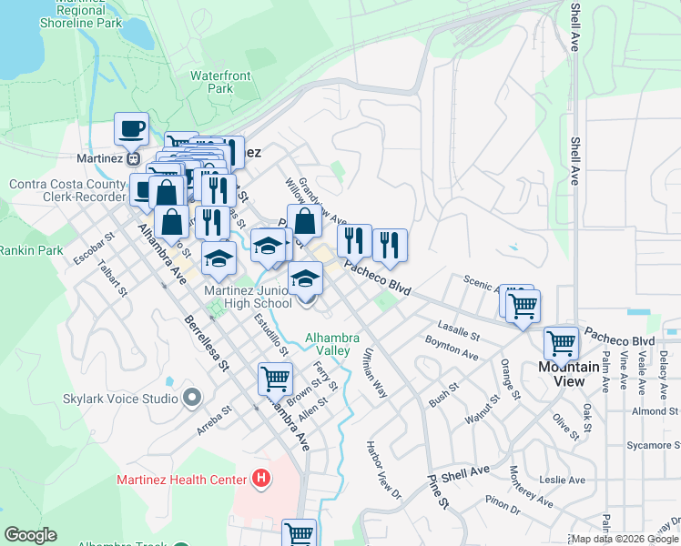 map of restaurants, bars, coffee shops, grocery stores, and more near 1121 Haven Street in Martinez