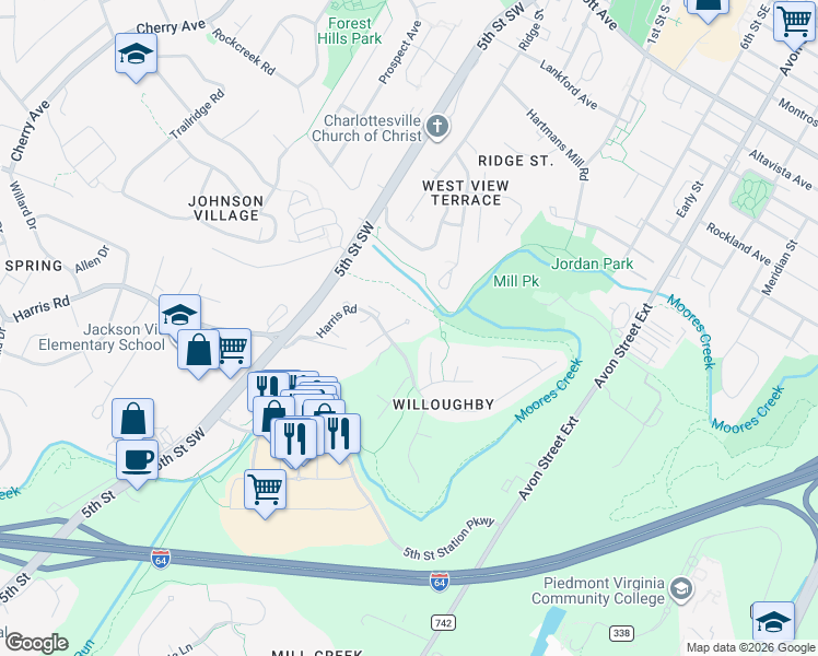 map of restaurants, bars, coffee shops, grocery stores, and more near 106 Lide Place in Charlottesville