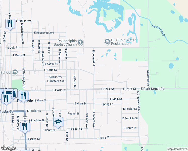 map of restaurants, bars, coffee shops, grocery stores, and more near 279 North Leonard Street in Du Quoin