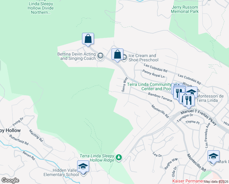 map of restaurants, bars, coffee shops, grocery stores, and more near 857 Montecillo Road in San Rafael