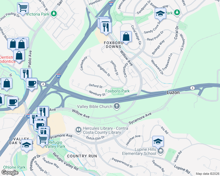map of restaurants, bars, coffee shops, grocery stores, and more near 115 Newbury Street in Hercules