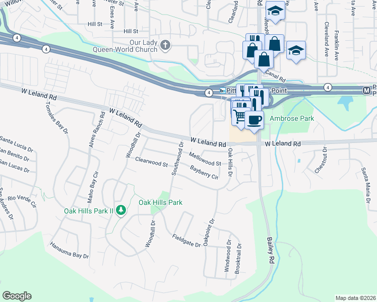 map of restaurants, bars, coffee shops, grocery stores, and more near 3 Live Oak Court in Pittsburg