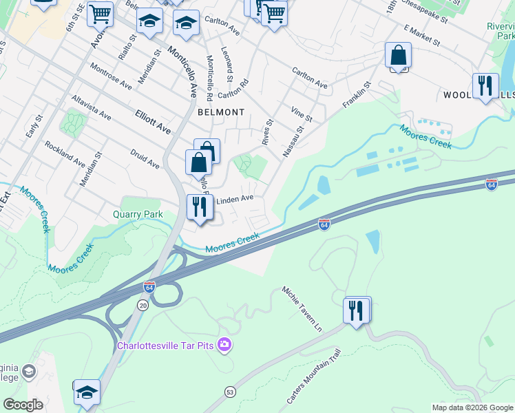 map of restaurants, bars, coffee shops, grocery stores, and more near 1013 Linden Avenue in Charlottesville