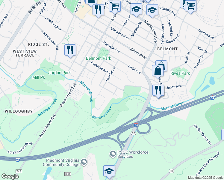 map of restaurants, bars, coffee shops, grocery stores, and more near 915 Rougemont Avenue in Charlottesville