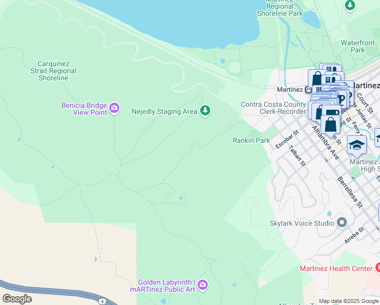 map of restaurants, bars, coffee shops, grocery stores, and more near Rankin Park Trail in Martinez