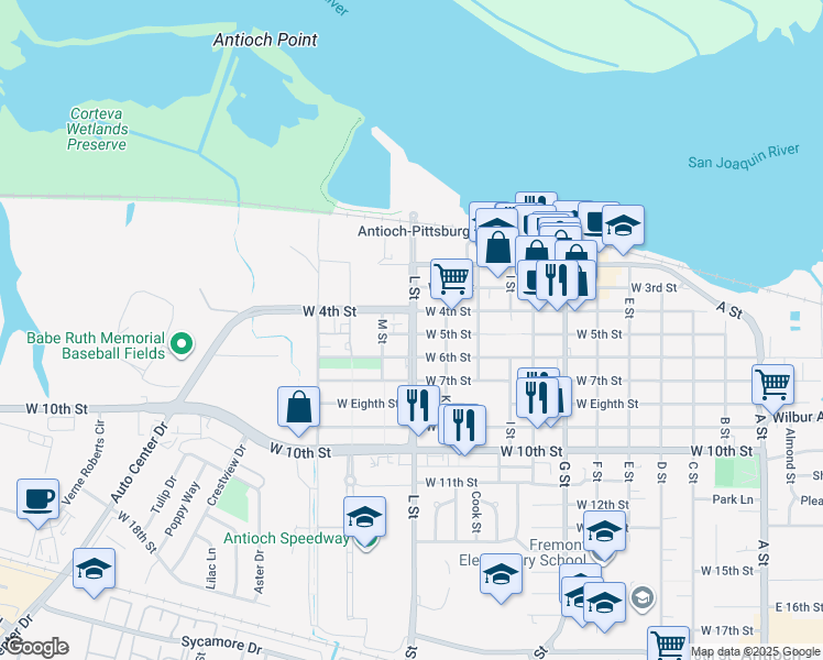 map of restaurants, bars, coffee shops, grocery stores, and more near 1023 West 5th Street in Antioch