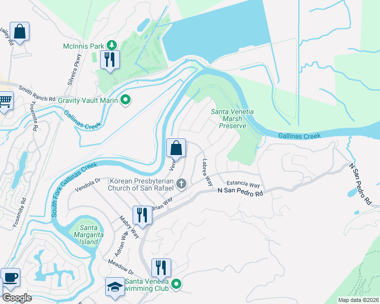 map of restaurants, bars, coffee shops, grocery stores, and more near 675 Rosal Way in San Rafael