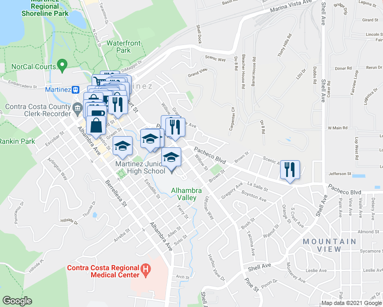 map of restaurants, bars, coffee shops, grocery stores, and more near 1426 Willow Street in Martinez