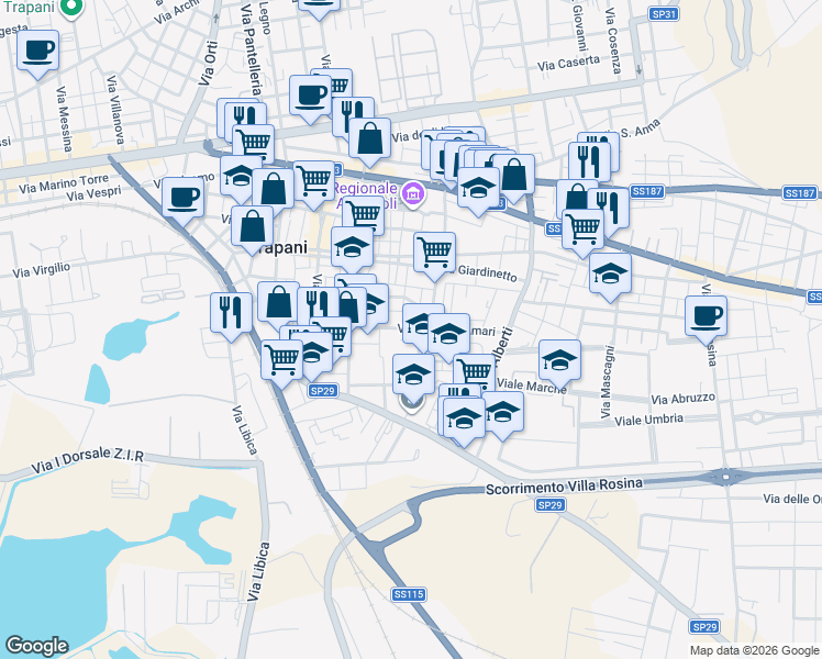 map of restaurants, bars, coffee shops, grocery stores, and more near 8 Via Terenzio in Trapani