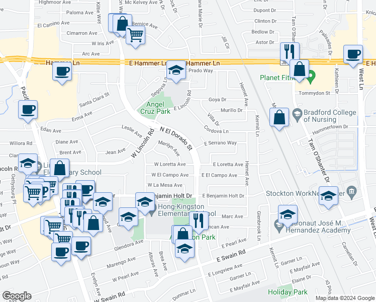 map of restaurants, bars, coffee shops, grocery stores, and more near 6711 North El Dorado Street in Stockton