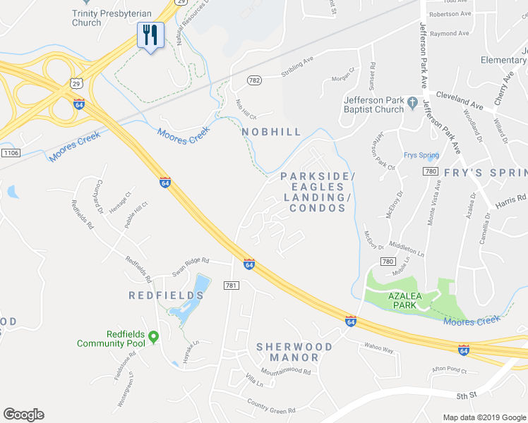 map of restaurants, bars, coffee shops, grocery stores, and more near 835 Catalpa Court in Charlottesville