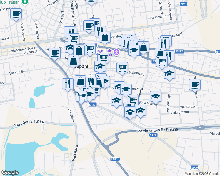 map of restaurants, bars, coffee shops, grocery stores, and more near 8 Via Terenzio in Trapani