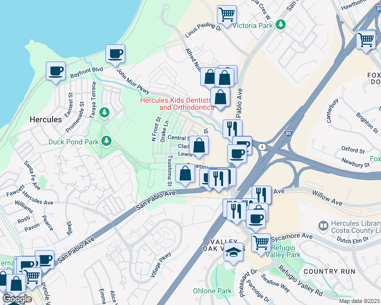 map of restaurants, bars, coffee shops, grocery stores, and more near 2078 Lewis Street in Hercules