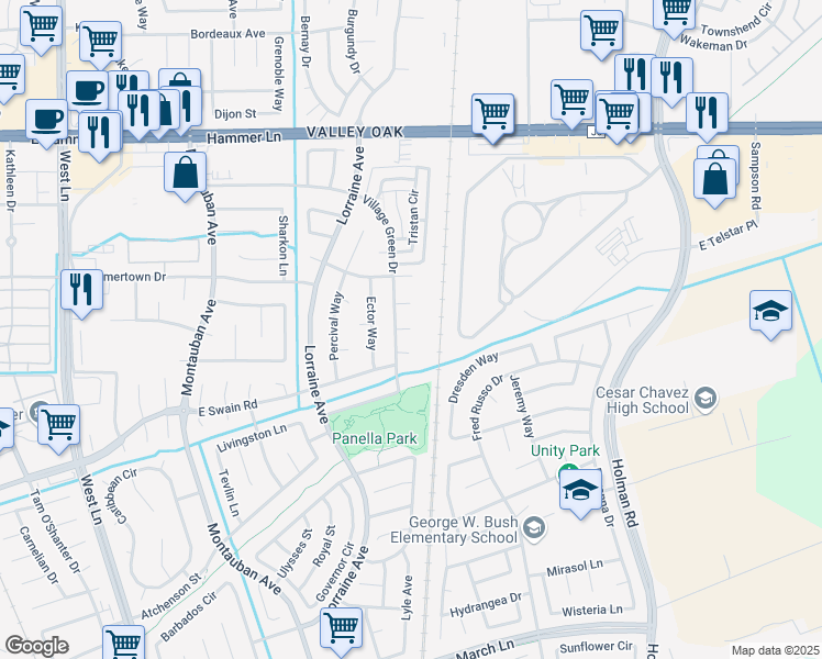 map of restaurants, bars, coffee shops, grocery stores, and more near 6622 Village Green Drive in Stockton