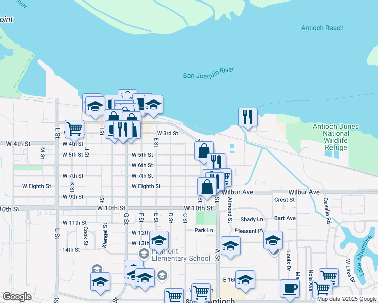 map of restaurants, bars, coffee shops, grocery stores, and more near 120 West 5th Street in Antioch