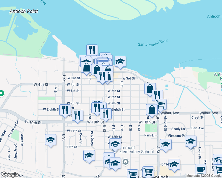 map of restaurants, bars, coffee shops, grocery stores, and more near 504 West 5th Street in Antioch