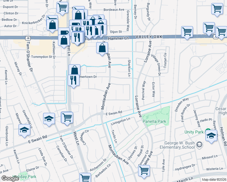 map of restaurants, bars, coffee shops, grocery stores, and more near 6509 Mount Bachelor Court in Stockton