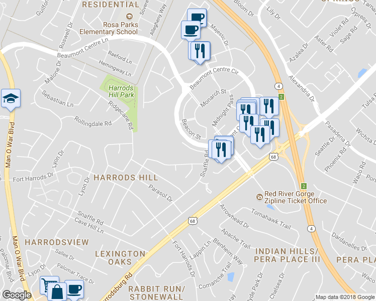 map of restaurants, bars, coffee shops, grocery stores, and more near 3269 Verandah Place in Lexington